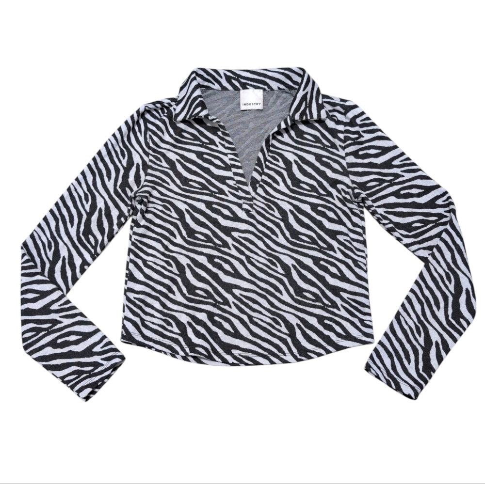 Industry Zebra Print Long Sleeve Collared Semi Crop Top Women's Small‎
